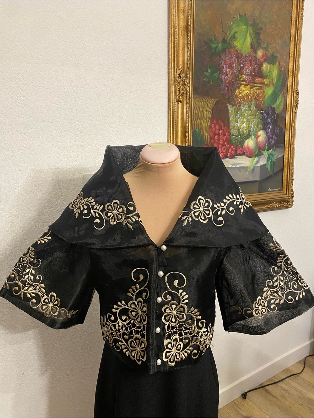 Filipiniana Balona Maria Clara Blouse Bolero With Gold Embroidery Design.